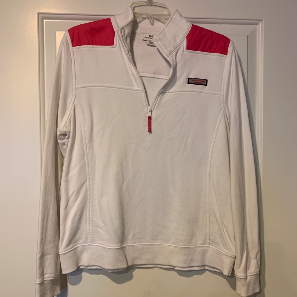 Vineyard Vines white quarter zip w/ pink shoulder